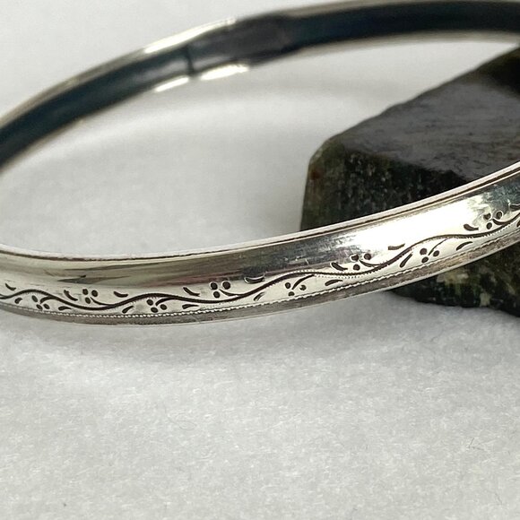 VTG Sterling Silver 925 Engraved Scroll Pattern 6MM Round Bangle Bracelet 8.25" - Picture 5 of 16